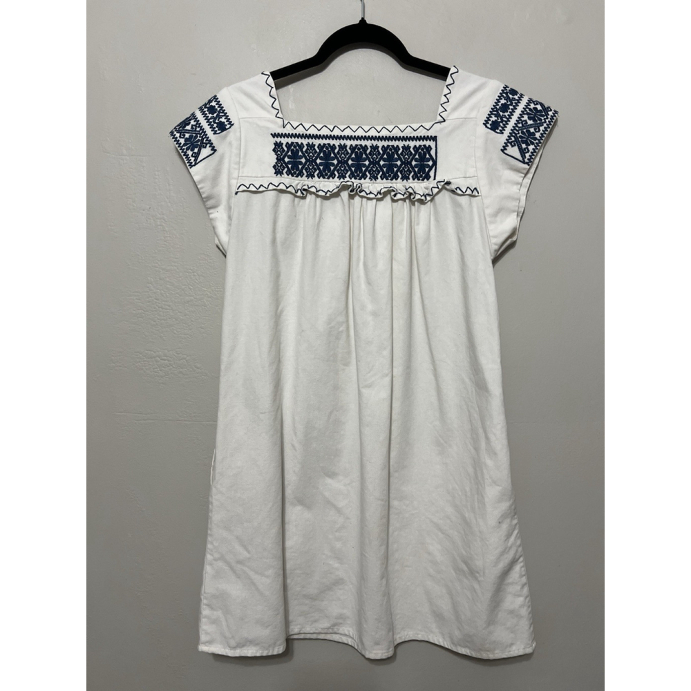 Freeway Boho M Embroidered Peasant Dress Pockets White Denim Sustainable Cotton